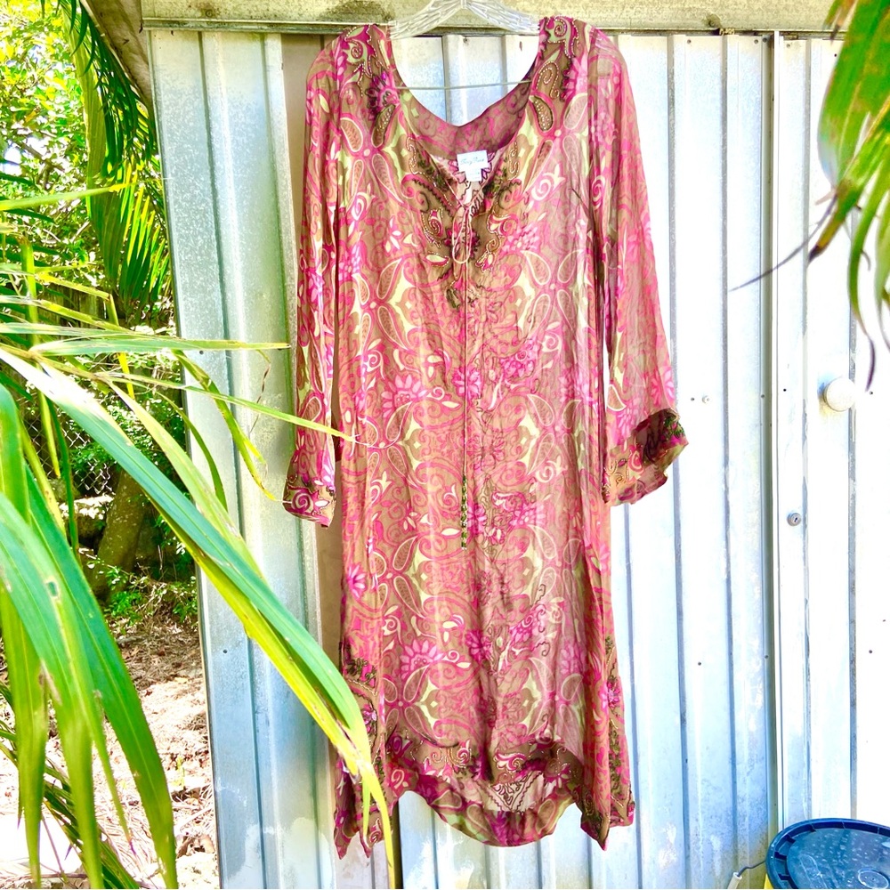 Tracey Reese Silk Pink Green Tan Sheer Beaded Tassel long Sleeve Beach Cover Up!